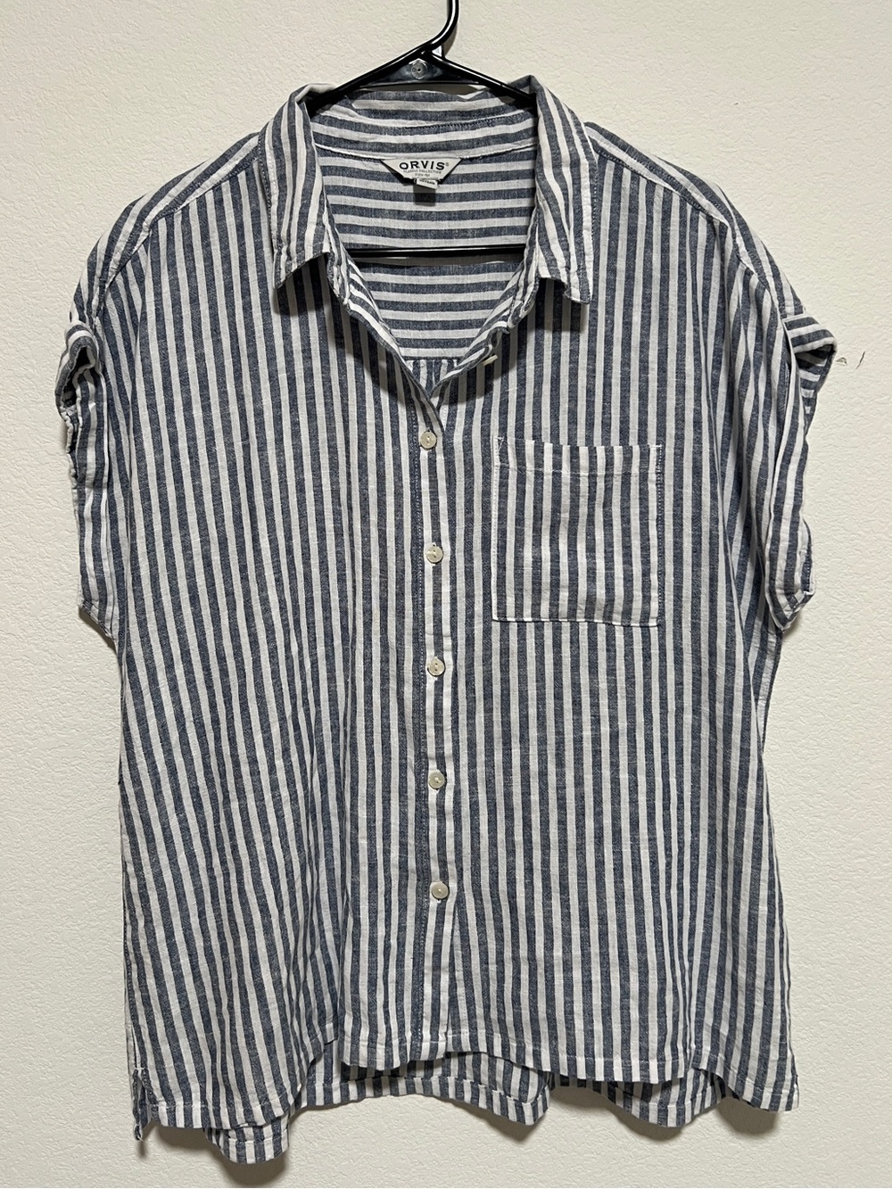 Orvis Navy and White Vertical Stripe Short-Sleeve Button-Down Shirt